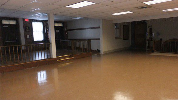 Stewart Hall's main floor looking toward the raised stage